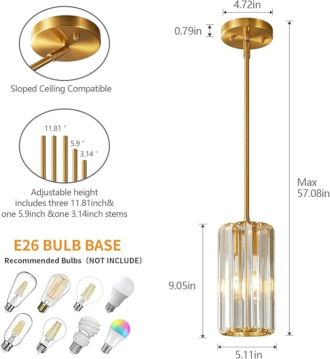 Gold Pendant Lighting Modern Pendant Light Mini Crystal Chandeliers Adjustable Pendant Light Fixture for Kitchen Island Dinning Room Corridor Bedroom (Gold 1-Light)