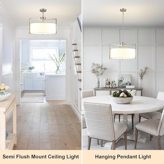 19.7" Brushed Nickel Drum Chandeliers for Dining Room,Large Drum Pendant Light with White Linen Shade,5-Light Adjustable Modern Round Light Fixture for Living Room Bedroom Foyer Kitchen Lights