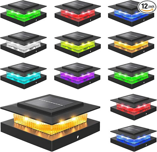 NIORSUN Solar Post Cap Lights Outdoor Waterproof, 4x4 Post Solar Lights RGB Color Changing, Fence Posts Solars Light for Deck Patio Garden Decoration, 4x4 Posts Caps Wood Vinyl, 12 Pack (Black)