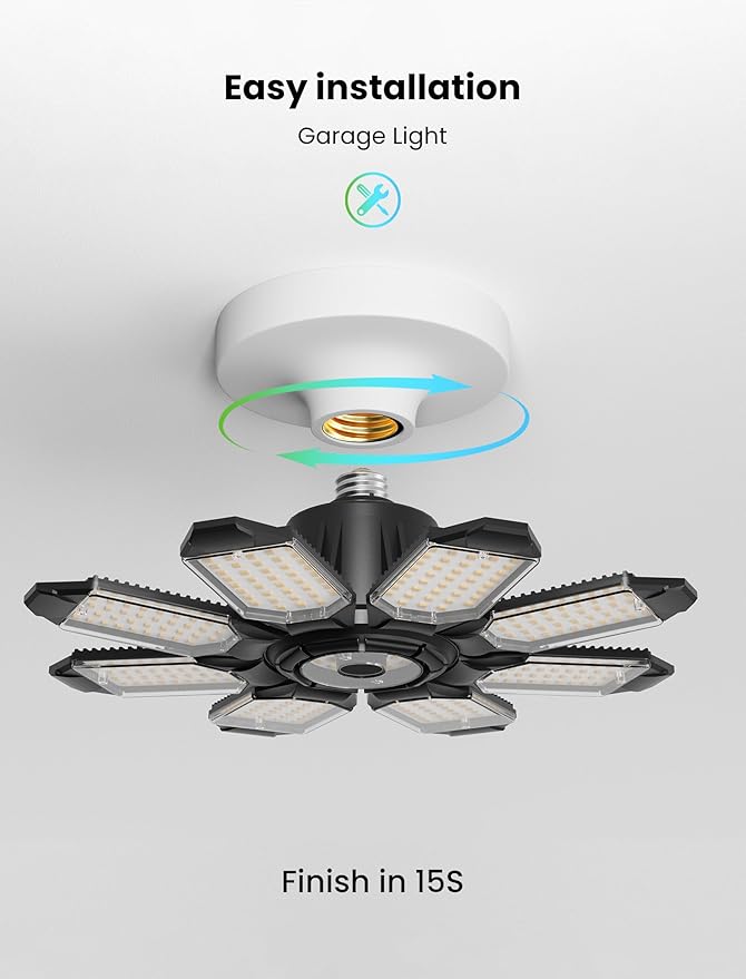 LED Garage Lights - 250W Ceiling LED with 8 Adjustable Panels, 25000LM Deformable Shop Light for Garage, Basement, Barn, High Bay Light, Support E26/E27 Screw Socket (4 Pack)