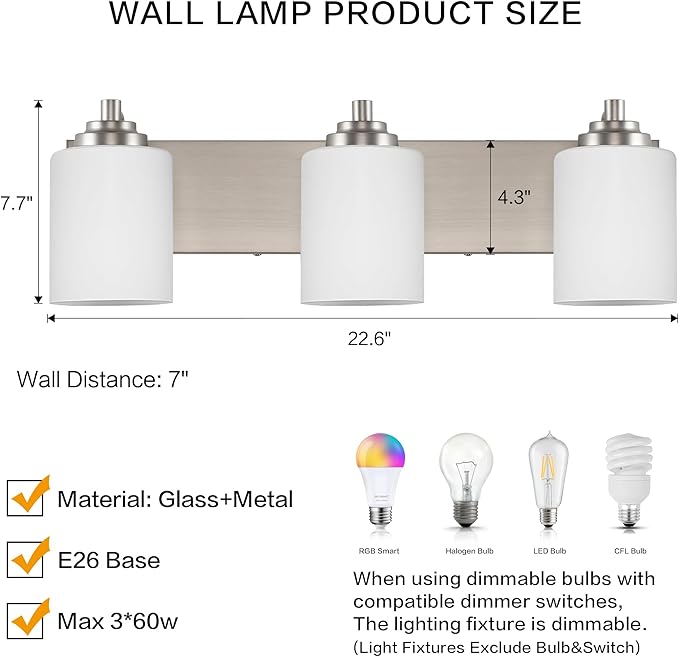 SOLFART Modern Brushed Nickel 3 Light Vanity Sconces for Bathroom, Milky Glass Globe Bathroom Light Fixtures, 3 Lights Over Mirror Wall Mount Lighting (Bulbs Not Included)