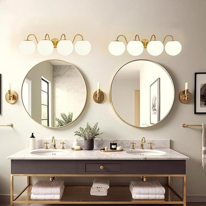 4 Lights Vintage Bathroom Vanity Light Fixtures Over Mirror, Brushed Gold Vanity Lights For Bathroom With Milk White Glass Globe Shade, Wall Lights For Bedroom, Hallway, Dressing Table(G9 Incl.)