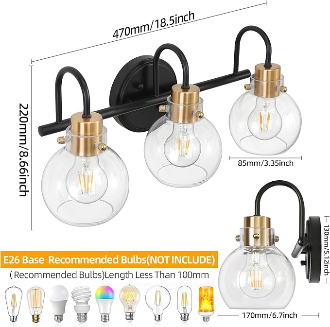 3 Lights Bathroom Light, Black Gold Vanity Light Fixture, Wall Sconces with Globe Clear Glass Shade, Farmhouse Wall Mount Lamp for Mirror, Kitchen, Porch, Living Room, Workshop