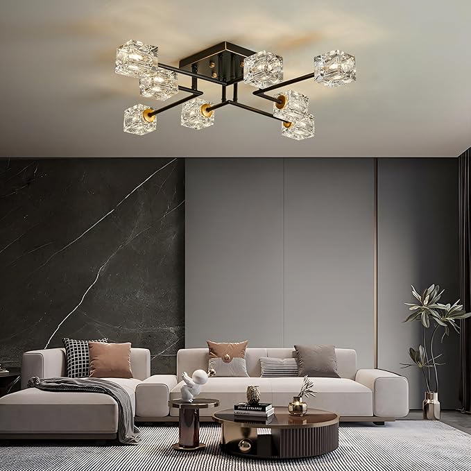 Modern 8-Light Semi Flush Mount Ceiling Light Fixture Black and Gold Chandelier Farmhouse Ceiling Lamp for Dining Room Bedroom Bathroom Entryway Hallway Stairway