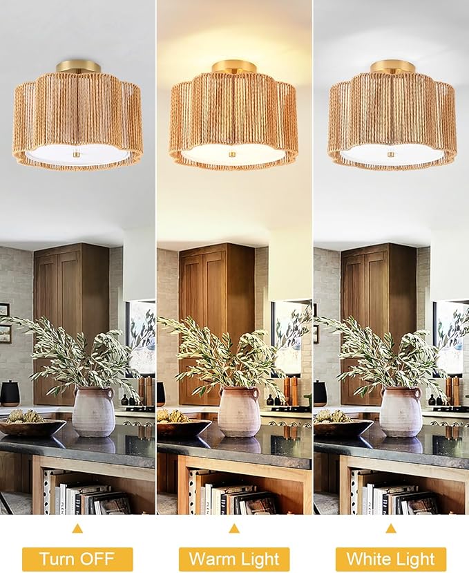 WILON Boho Light Fixture Ceiling Mount, 3-Light Rattan Light Fixture with Fabric Shade, Modern Woven Flower Semi Flush Mount Ceiling Light Fixture for Hallway Entryway Bedroom Nursery Kitchen