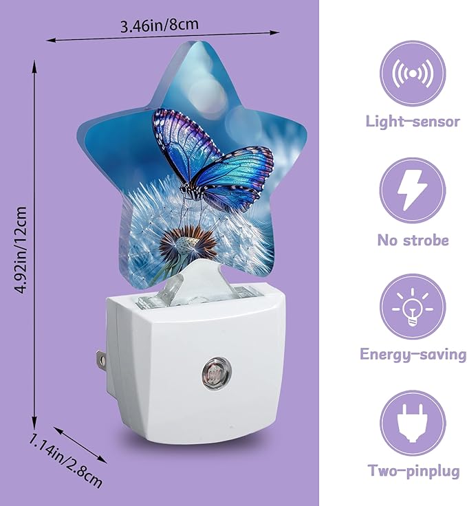Blue Butterfly Night Lights Plug Into Wall, Dusk to Dawn Light Sensor Night Light for Kids,Energy Efficient Sleep Friendly Lamp for Bedroom Bathroom Nursery