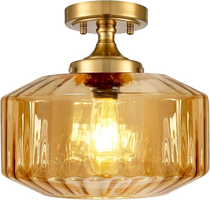 2 Pack Flush Mount Light Fixture Glass Globe Ceiling Light Amber Striped Glass Shade Gold Indoor Semi Flush Mount Chandelier Ceiling Light for Hallway, Kitchen, Entryway, Bedroom