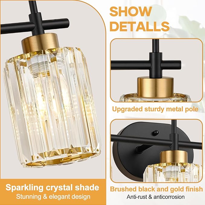 Modern Crystal Bathroom Vanity Light, 3-Light Black & Gold Vanity Lighting Fixture with Clear K9 Crystal Shades, Adjustable Up/Down Installation, E26 Base (Bulbs Not Included)
