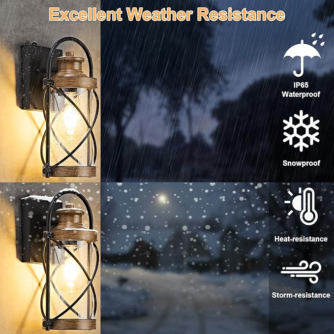 Dusk to Dawn Outdoor Wall Lights Fixtures, Waterproof Exterior Lighting Fixtures with Photocell Sensor,Vintage Faux Wood Grain Metal Cage Lantern Outside Lights for Porch Patio House Garage（2 Pack）