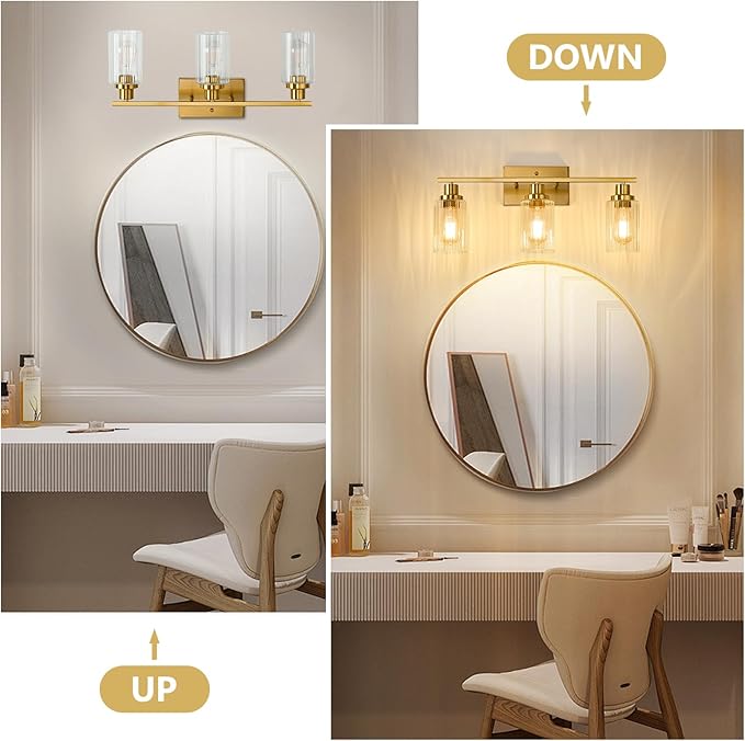 Jonsi 3 Light Brushed Gold Bathroom Vanity Lights with Fluted Glass Shade, Modern Gold Bathroom Lights Over Mirror