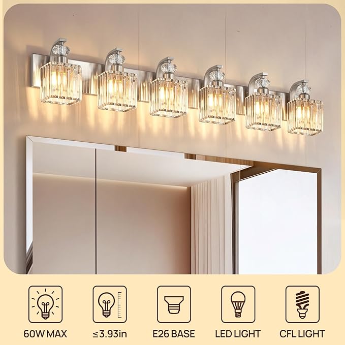 Modern Bathroom Vanity Light, 6-Light Nickel Bathroom Lighting Fixtures Over Mirror, 44.1" Crystal Wall Light Sconce for Bathroom/Bedroom/Vanity, Includes LED Bulbs, Easy Installation