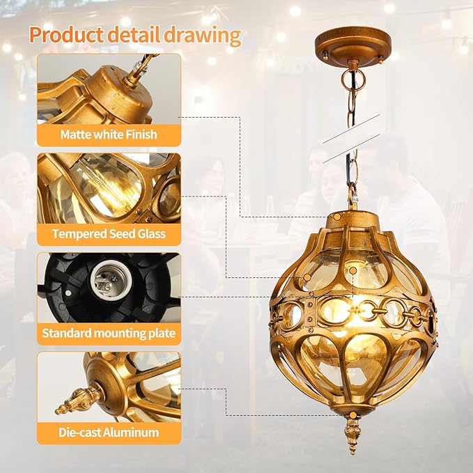 Globe Outdoor Pendant Lights,Vintage Exterior Hanging Pendant Light Fixtures with Adjustable Chain, Aluminum Brass Outdoor Chandelier for Porch, Gazebo, Entryway,No Sensor,General