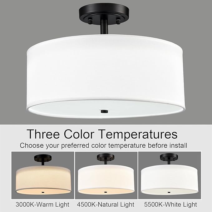 Black Dimmable LED Ceiling Light 30W 3000K/4500K/5500K 15-Inch Modern Farmhouse Drum Light Fixtures Matte Black Semi Flush Mount Lamp for Bedroom Hallway Living Room