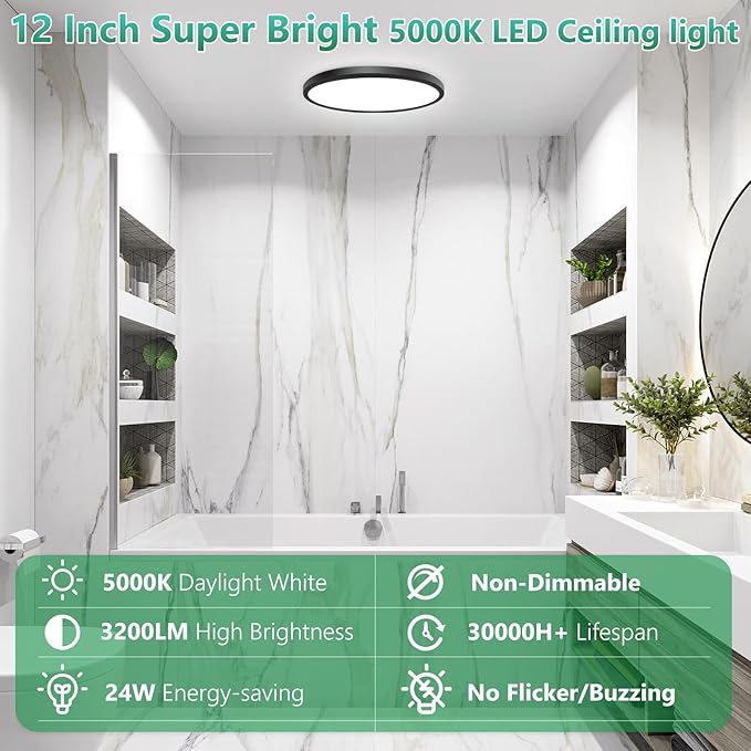 Brightever Black 6 Pack LED Ceiling Light Flush Mount, 12 Inch 24W, 3200LM Close to Ceiling Light Fixtures, 5000K Daylight White 0.67 Inch Thickness LED Ceiling Lamp for Kitchen, Office, Non-Dimmable