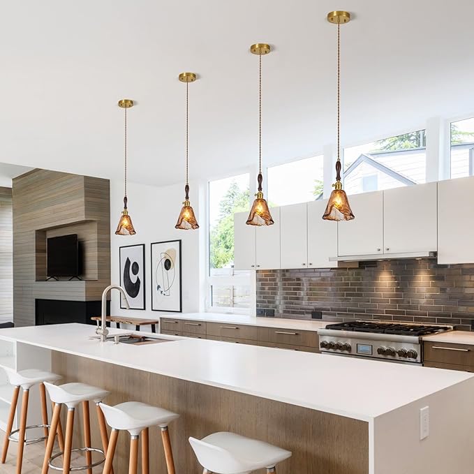 Brown Glass Vintage Pendant Light 6.18" Handmade Glass Pendant Lights Kitchen Island Gold Hanging Light Fixture for Bedroom Dining Room Hotel (1 Pack)
