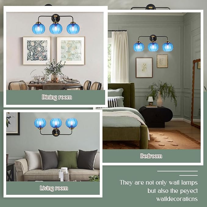 Vanity Lights for Bathroom,Mid Century Vanity Light Black Sconce Blue Bathroom Light Fixture Over Mirror Ribbed Glass Globe Shade Art Deco Vanity Lights Modern Wall Sconce 3-Lights