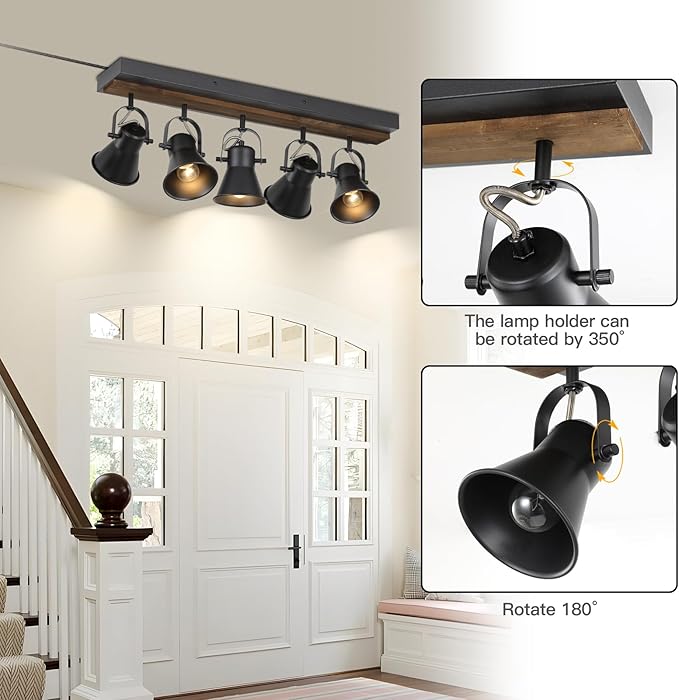 KEESFU 5-Light Plug in Track Lighting Kit,Black Semi Flush Mount Ceiling Light with 5 Rotatable Light Heads,Modern Farmhouse Lighting for Livingroom,Bedroom,Hallway,Art Wall,Bathroom,Kitchen.