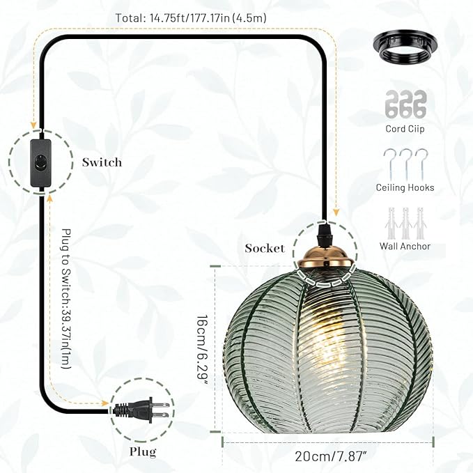 Plug in Hanging lamp 2 Pack,14.75ft Hanging Light with Plug in Cord Hand Blown Green Glass Pendant Lamp Globe Pendant Light Plug in Pendant Light for Kitchen Bedroom Living Dining Room