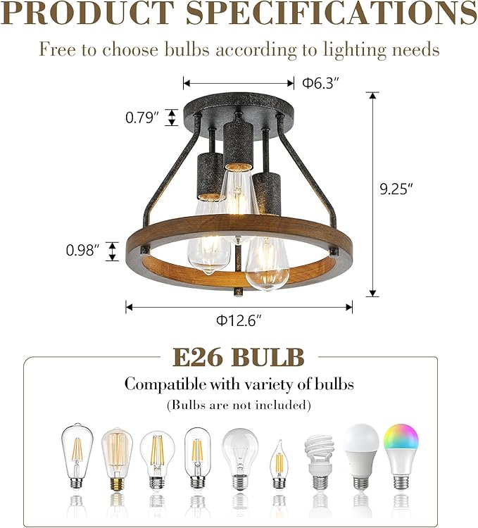 Retro Industrial Flush Mount Ceiling Light Fixture with Wood Circle Shade 3-Light Rustic Black Ceiling Light for Hallyway Entryway Bedroom Kitchen Sink