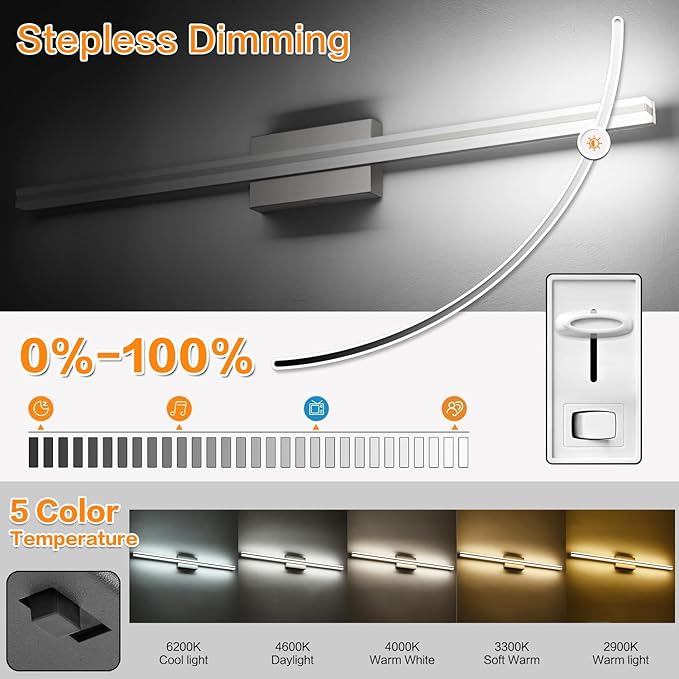 SOLFART Bathroom Lighting Fixtures Over Mirror Brush Nickel 40 inch Vanity Lights 5CCT Dimmable LED Bathroom Light