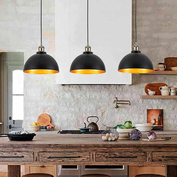 9.84" Modern Industrial Black Pendant Lights Farmhouse Dome Black Gold Pendant Lighting Fixture Vintage Golden Pendant Light for Kitchen, Dining Room, Bedroom, Hallway, Living Room, Set of 3
