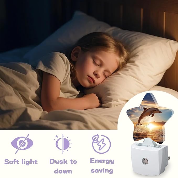 Dolphin Ocean Nightlights Plug in Wall,Sunset Decorative Star Lamp with Automatic Lighting for Living Space,Gentle Glow for Kids Room,Hallway,Bathroom