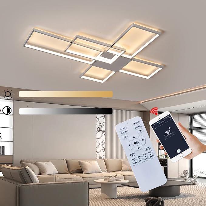 Dimmable with Remote Control LED Ceiling Light 3000K-7000K Flush Mount Luminaire Black Finished Chandelier for Living Room Dining Room Bedroom Kitchen (Chrome-VL17025-WK-L)