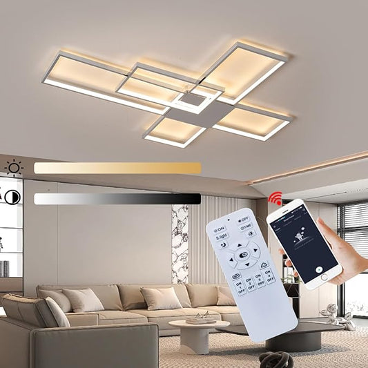 Dimmable with Remote Control LED Ceiling Light 3000K-7000K Flush Mount Luminaire Black Finished Chandelier for Living Room Dining Room Bedroom Kitchen (Chrome-VL17025-WK-L)