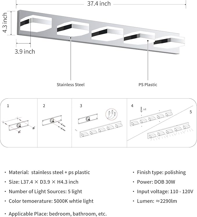 Bathroom Lighting Fixtures Over Mirror, 5 Light Bathroom Vanity Light Fixtures with Cool White 5000K, Silver LED Modern Vanity Wall Lights for Bath, Dressing Room, Restroom, 37.4 inch