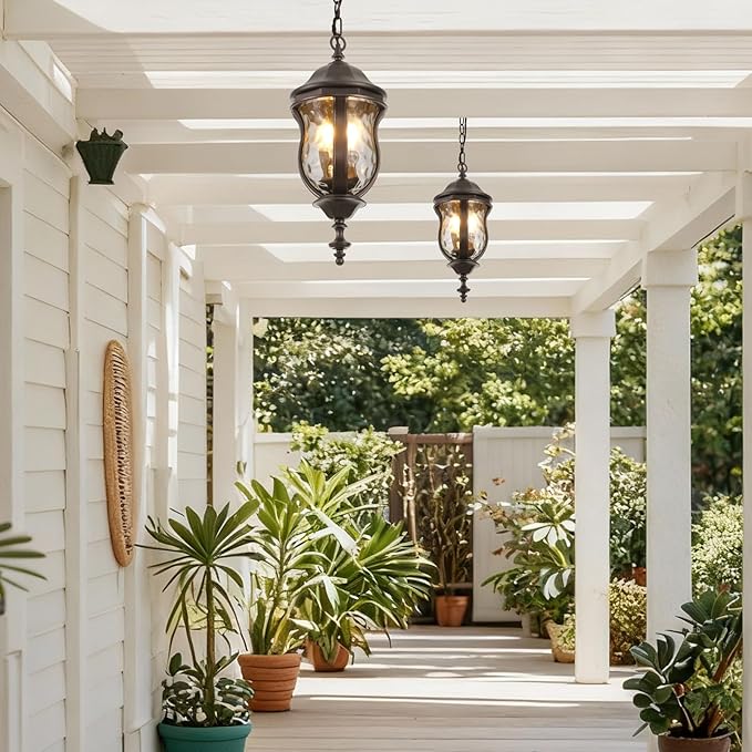Large Outdoor Pendant Light Fixtures, 19.1'' Exterior Hanging Lantern Porch Light Adjustable, Brown Hanging Lamp Farmhouse Exterior Chandelier Ceiling Mount for Entrance Patio