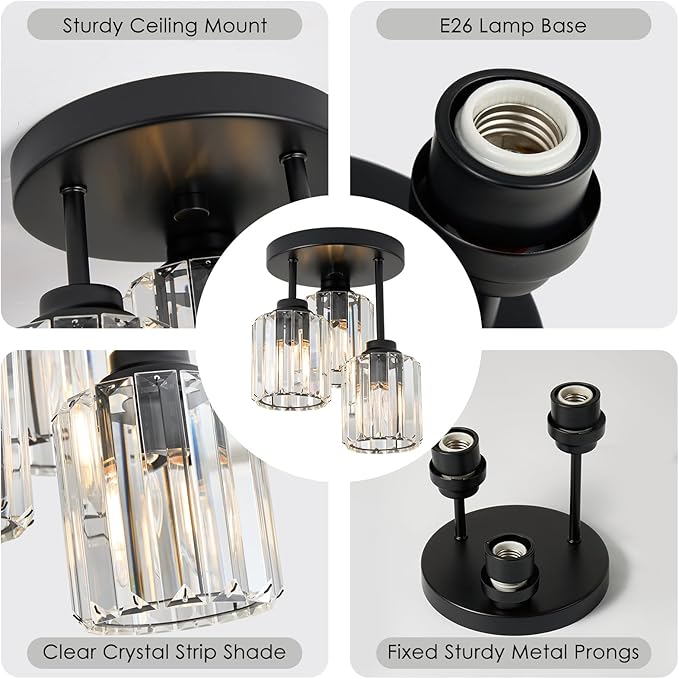 3-Light Modern Semi Flush Mount Ceiling Light, Crystal Ceiling Light with Clear K9 Crystal Shades, Black Close to Ceiling Light Fixtures for Hallway Kitchen Bathroom Entryway