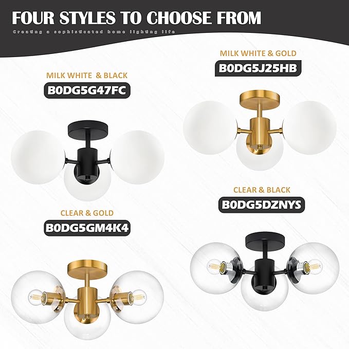 Mid Century Modern 19 Inch Brass Semi Flush Mount Ceiling Lights 3-Light Frosted Globe Glass Gold Chandelier Modern Light Fixtures Ceiling Lights Fixture for Bedroom Hallway Entryway