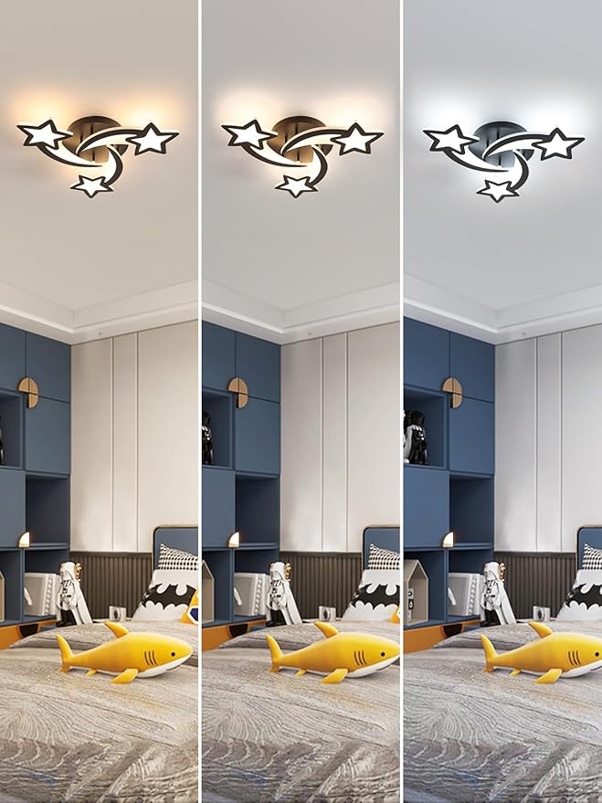 Goeco Kidsroom Ceiling Light, 3 Light Mode Black Acrylic Close to Ceiling Light Fixtures, Stars Creative Cartoon Flush Mount Ceiling Lamp Fixture for Kids Room, Bedroom, Living Room