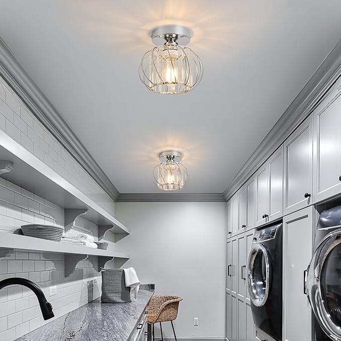Semi Flush Mount Crystal Ceiling Light, Metal Cage Hallway Ceiling Lamps, Farmhouse Ceiling Light Fixture, Industrial Crystal Chandelier for Corridor Bathroom Kitchen (2, Chrome, 7.5 Inch)