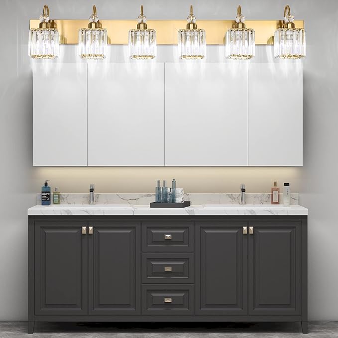 Ralbay Modern Gold Vanity Lights - 6-Light Gold Crystal Bathroom Vanity Lights Over Long Mirror
