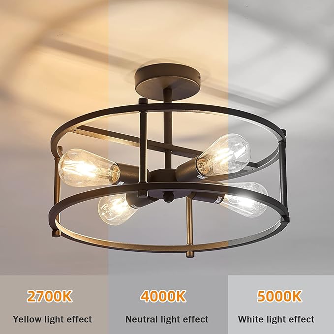 hesoge Industrial Semi Flush Mount Ceiling Light,4 Light Rustic Metal Ceiling Light Fixture,Black Farmhouse Chandelier for Kitchen Island Dining Room Hallway Entryway Bedroom Living Room.
