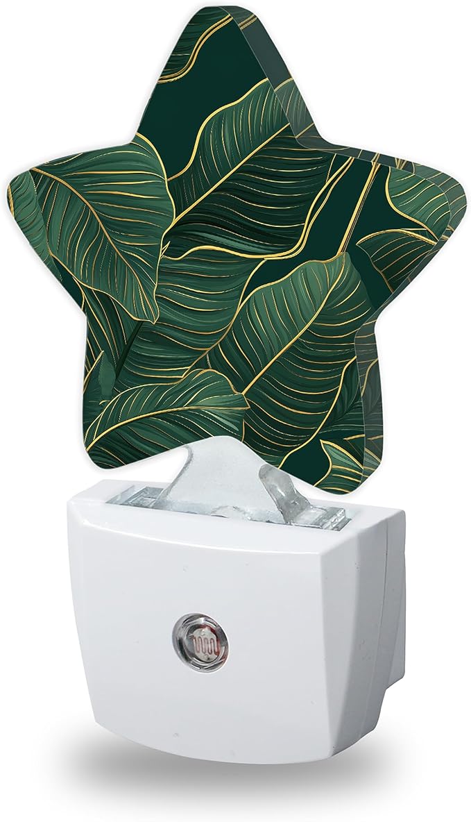Gold Green Decorative Nightlight Plug in Wall,Tropic Leaves Star Shaped Night Light with Built in Sensor for Home Decor,Kitchen Hallway Stairs Desk Lamp