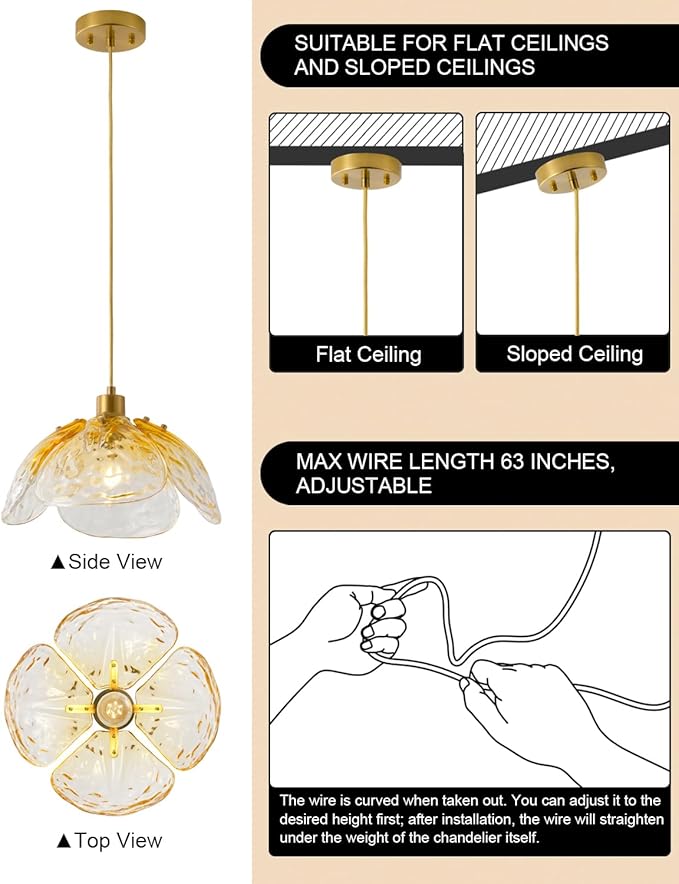 Vintage Gradient Amber Pendant Light,Bronze Pendant Lighting Fixture with Handmade Leaf Glass for Bedroom,Kitchen,Hallway,Entryway