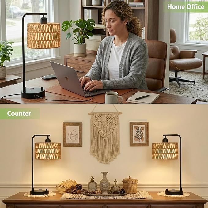 Dimmable Rattan Lamp Set of 2 with Bulbs, Boho Table Lamps with USB Charging Ports and Outlet, Wicker Bedside Lamps for Bedroom Living Room Side Table, Tall Desk Lamp for Bohemian Home Office
