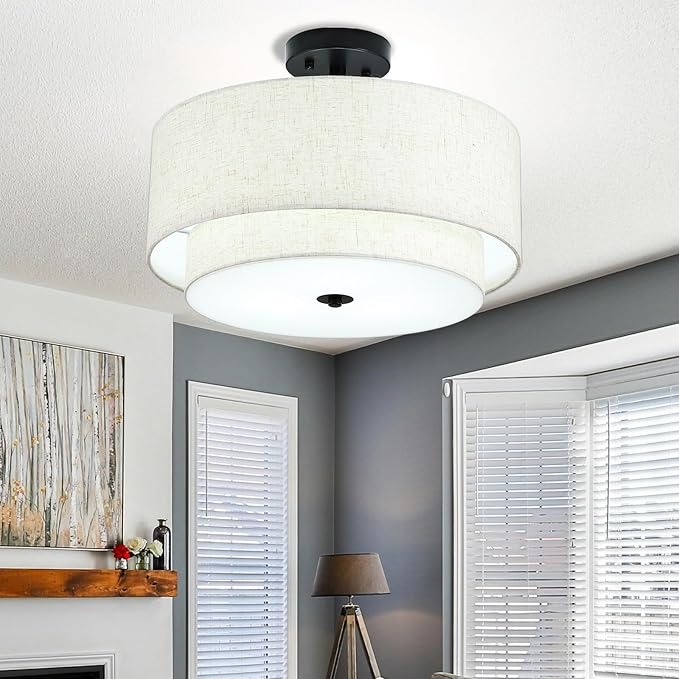 16" Semi Flush Mount Ceiling Light Fixture, 3-Light Gold Flush Mount Ceiling Light with Double Drum Linen Shades for Entryway Dining Room Bedroom Kitchen Hallway Living Room, E26 Socket