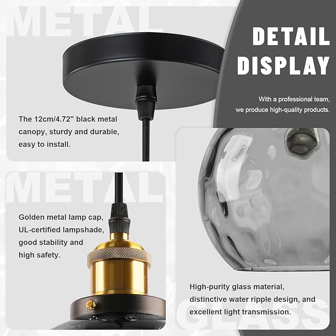 Smoke Gray Glass Pendant Light, Vintage Pendant Lights Kitchen Island Dining Room Pendant Lighting with Hammered Globe Shade, Industrial Hanging Light 1-Light Chandelier for Bedroom Home Bar