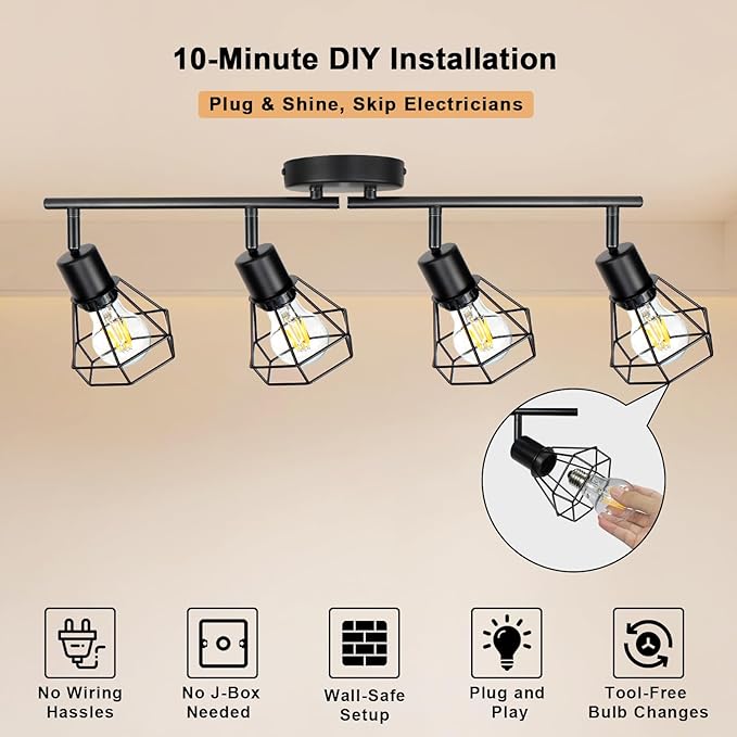 HiBay Plug in Track Lighting Fixtures Ceiling, Adjustable 4-Light Track Light Black, Directional Modern Ceiling Spotlight E26 with 16.4ft Cord & in-Line On/Off Switch for Kitchen Living Room Dorm