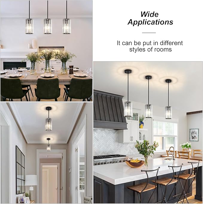 3 Pack Black Modern Crystal Pendant Lights, Hanging Light Fixtures Mini Kitchen Island Pendant Lights Adjustable Crystal Chandelier Fixture for Island Dining Room Hallway Bedroom