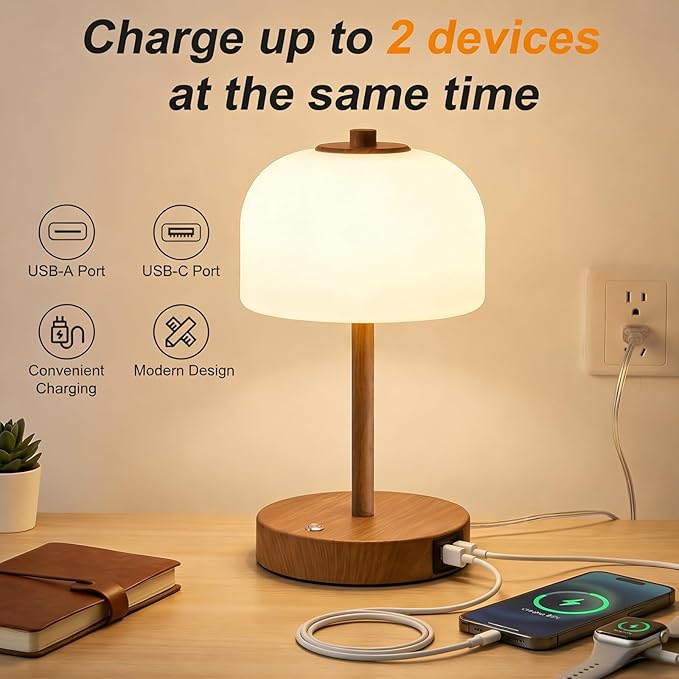 Oneach 9.5" Touch Control Table Lamp with USB A+C Charging Ports, Corded Wood Grain Dimmable LED Bedside Lamp with 3 Color Temperatures, Small Modern Table Lamps for Bedroom Nightstand Living Room