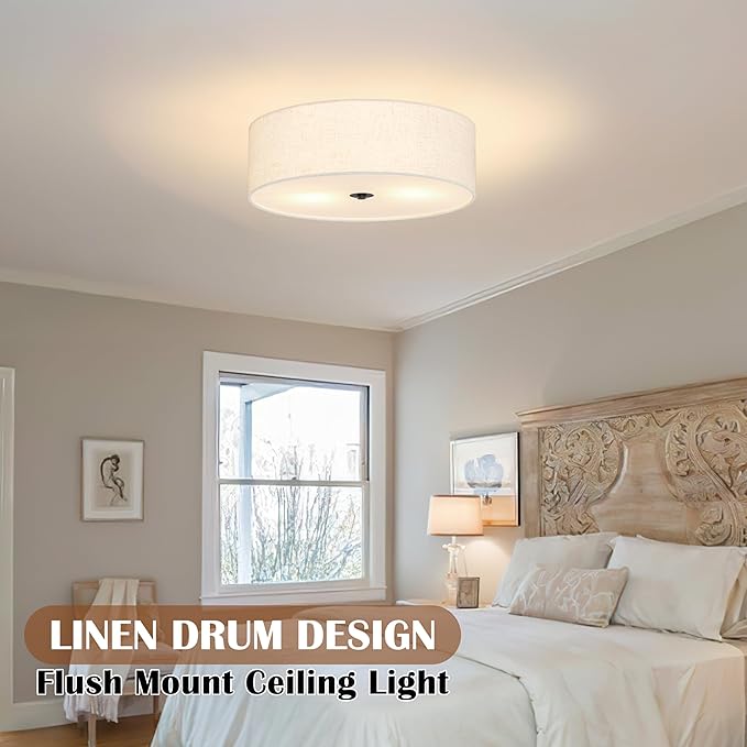 Bagood 16 Inch 3-Light Drum Modern Black Ceiling Light Fixture Flush Mount Ceiling Light Fixture Dimmable Close to Ceiling Light Fixture with Fabric Shade for Living Room Hallway Entryway Bedroom