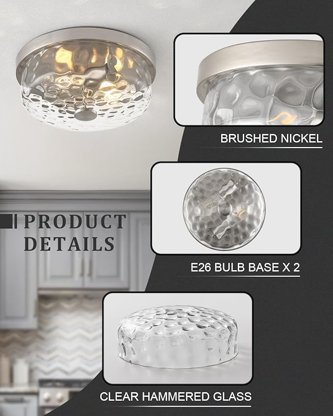 12 Inch Farmhouse Flush Mount Ceiling Light, 2 Light Industrial Close to Ceiling Light, Industrial Ceiling Lighting Fixture for Kitchen Hallway Bedroom Living Room (12.2 Inch Brushed Nickel)