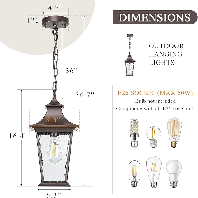 Outdoor Pendant Lights for Porch 16.5" Large Dusk to Dawn Outdoor Chandelier with Water Ripple Glass Oil Rubbed Bronze Modern Hanging Porch Light with Adjustable Chain E27 Socket
