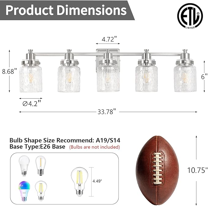 5 Lights Bathroom Light Fixtures Farmhouse Brushed Nickel Vanity Lights for Bathroom Lighting Fixtures Over Mirror with Hammered Glass Lampshade for Cabinet Mirror Bedroom Hallway