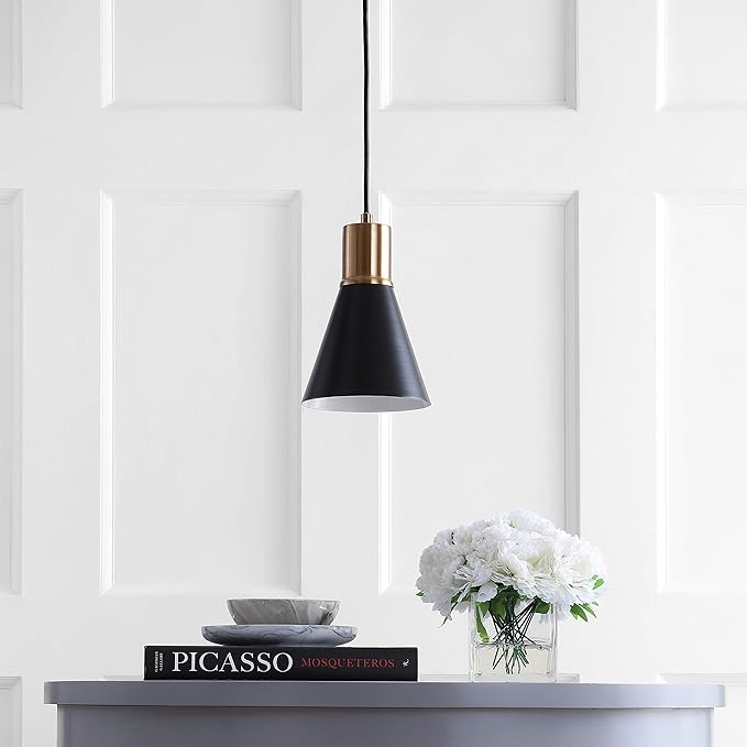 JONATHAN Y 6" Black/Brass Gold 1-Light Apollo Mid-Century Modern Iron LED Pendant, Black Metal Shade, Adjustable Hanging Ceiling Light for Kitchen Island, Hallway, LED Bulb Included JYL6131A