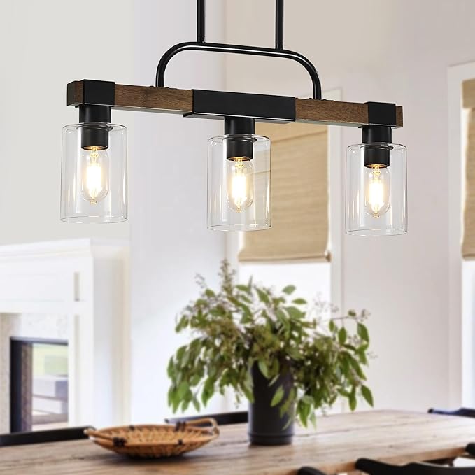 Farmhouse Dining Room Light Fixtures Over Table，Rustic Ceiling Pendant Lights Kitchen Island，3-Light Wood Kitchen Island Lighting Linear Chandelier with Clear Glass lampshade